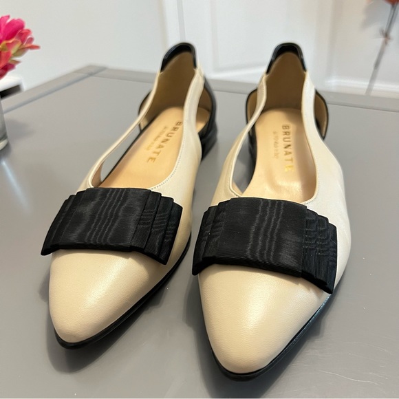 Brunate Italian Leather Cream and Black Bow Tie Ballet Flats - Picture 3 of 9